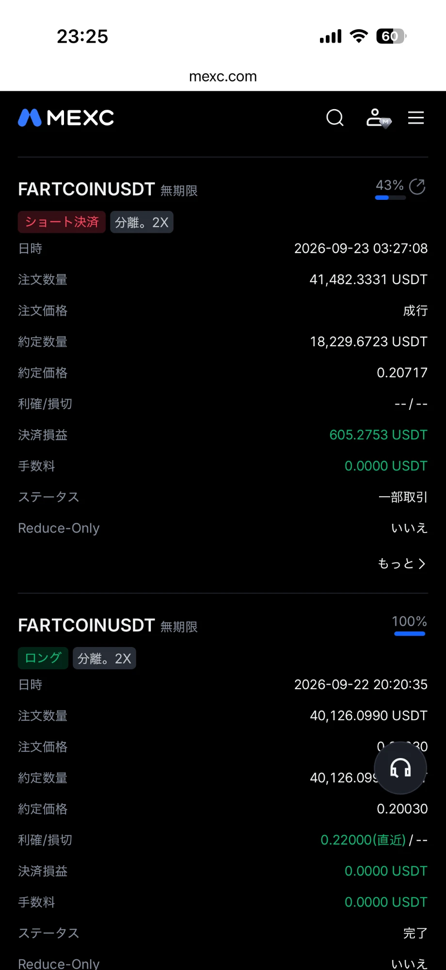 FARTCOINUSDT 2026年9月23日 一部決済の取引画面